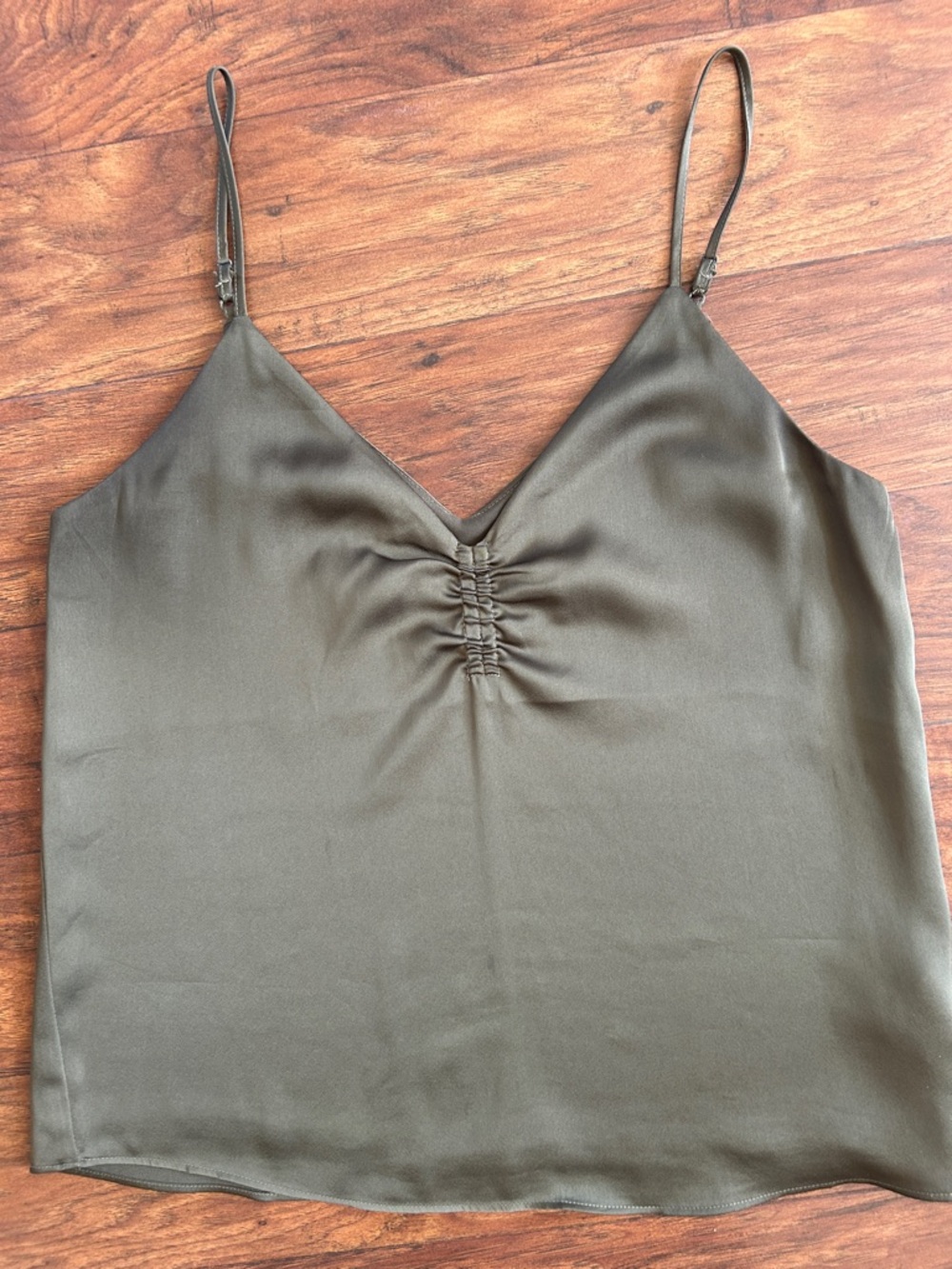 Express Olive Satin V-Neck Ruched Cami